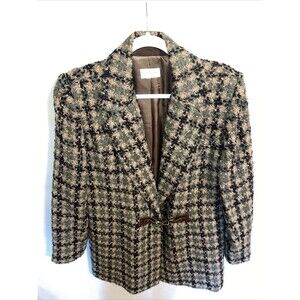 Soft Surroundings Women’s Over Coat Sz Large Beige Green Black Houndstooth Cozy
